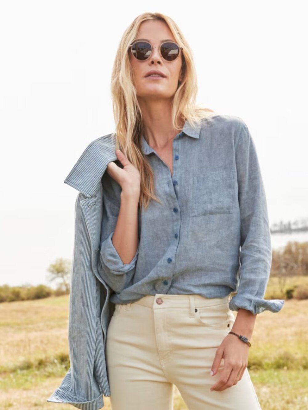 GARNET HILL 8 Blue Chambray Linen Button Down Shirt
